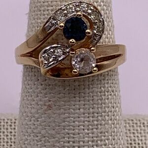 Elegant Gold and Silver Women's Cocktail Ring with Crystals, size 7